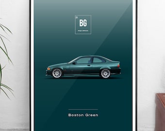 World Paint Colours - BMW M3 E36 - Boston Green - ¡Todos los tamaños! póster / decoración de paredes / arte / colores / coche / minimalista / automoción / alemán / de