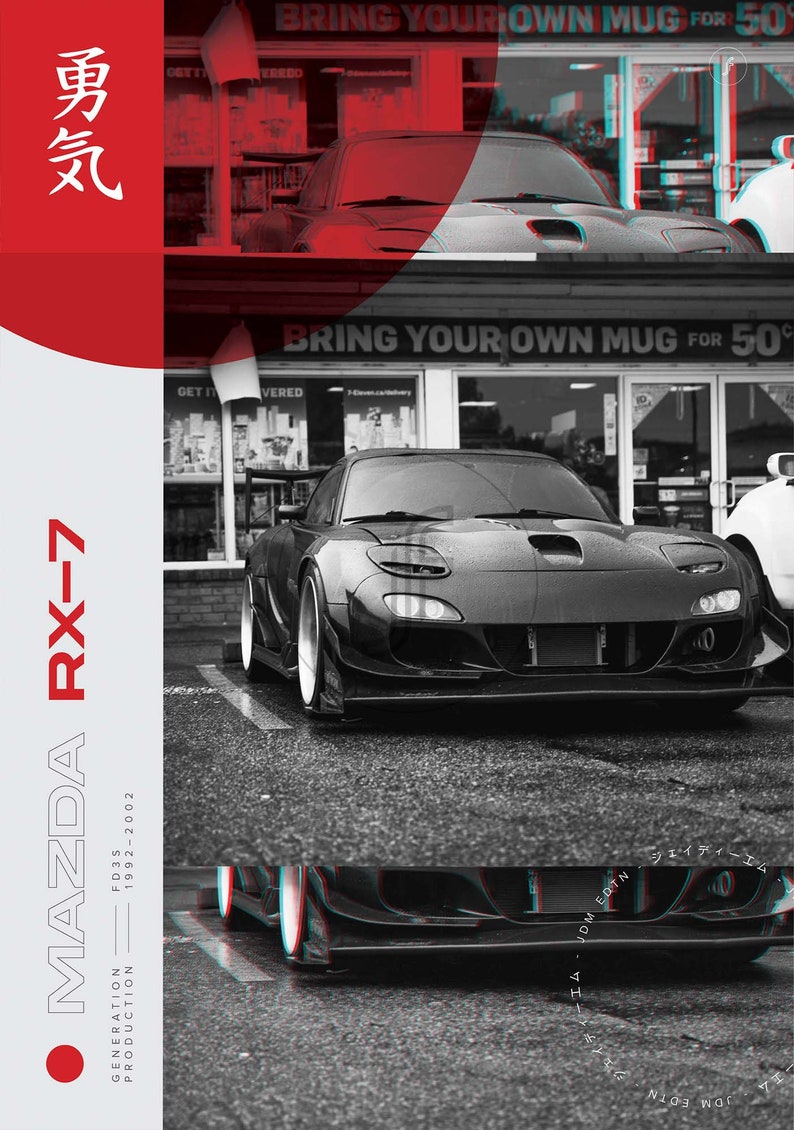 K&ouml;nnte beinhalten: Ein schwarzer Mazda RX-7 FD3S Sportwagen mit einem modifizierten Frontsto&szlig;f&auml;nger und gro&szlig;en R&auml;dern. Das Auto ist vor einem Gesch&auml;ft mit einem Schild geparkt, auf dem "Bring Your Own Mug for 50c" steht.