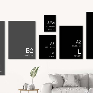 Puede incluir: Una pared de exposici&oacute;n que muestra diferentes tama&ntilde;os de impresiones enmarcadas en negro y gris. Los tama&ntilde;os est&aacute;n etiquetados con las siguientes medidas: B1 100 x 70 cm, B2 50 x 70 cm, S/A4 21 x 29,7 cm, A3 29,7 x 42 cm, A2 42 x 59,4 cm, A1 59,4 x 84,0 cm.