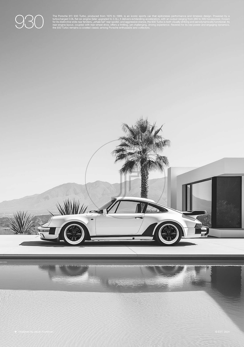 May include: A silver Porsche 930 Turbo sports car parked in front of a modern house with a palm tree in the background. The car is parked on a concrete driveway next to a swimming pool.