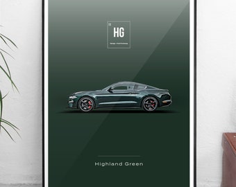 World Paint Colours - Ford Mustang Bullit - Highland Green - ¡Todos los tamaños! póster / decoración de paredes / arte / colores / coche / minimalista / ford automotriz