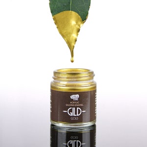 30ml pot of Guild Lane GILD Gold acrylic gilding enamel, metallic paint.  Ideal for frames, furniture, glass, ceramics, fabrics, and all kind of arts, crafts and hobbies.  Amazing coverage and lustrous finish.
