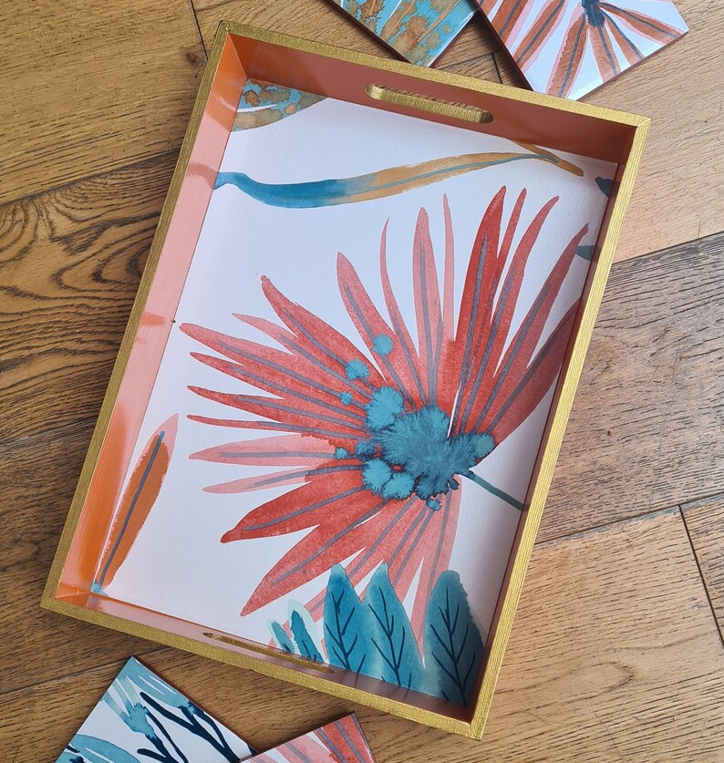 Painted and decoupaged tray edged with Guild Lane GILD Gold.  One coat gives solid coverage and amazing shine.  Available from Shel's Shabby Chic.