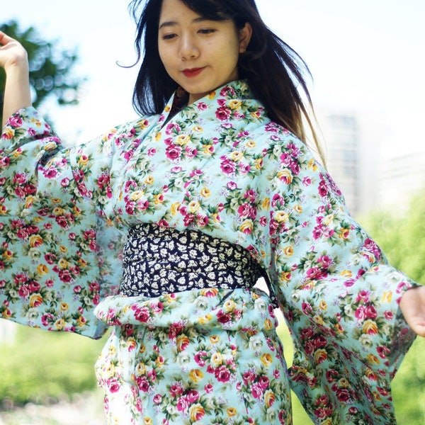 Kimono yukata japonais femme (kimono d'été) en cotton avec ceinture (obi)