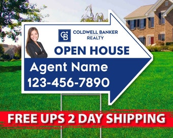 COLDWELL BANKER Open House Arrow Signs | 17in x 23in | 2 Sided | Digital Option | Add Your Text | Free Shipping