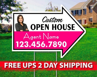 Custom Open House Arrow Signs | 17in x 23in | 2 Sided | Digital Option | Add Your Text, Logo, Photo | FREE SHIPPING