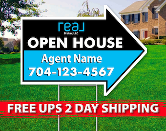 REAL BROKERAGE Open House Arrow Signs | 17in x 23in | 2 Sided | Digital Option | Add Your Text | Free Shipping