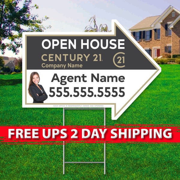 Century 21 Open House Arrow Signs | 17in x 23in | 2 Sided | Digital Option | Add Your Text | FREE SHIPPING