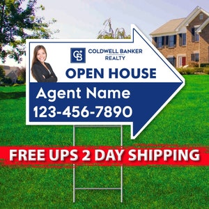 COLDWELL BANKER Open House Arrow Signs | 17in x 23in | 2 Sided | Digital Option | Add Your Text | Free Shipping
