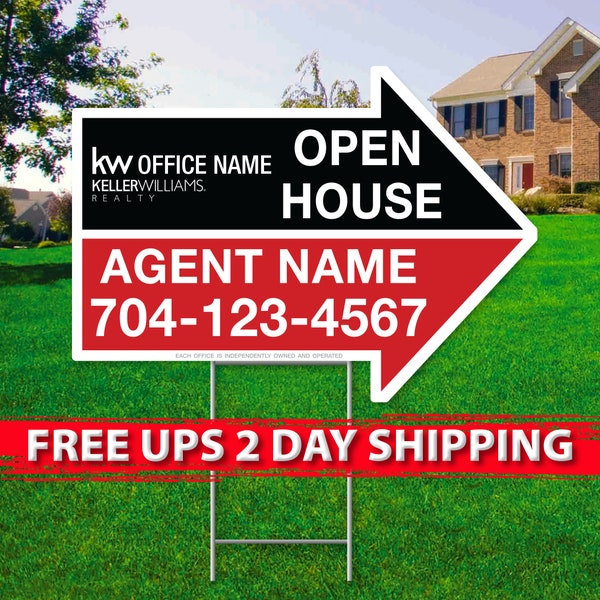 Keller Williams Open House Arrow Signs | 17in x 23in | 2 Sided | Digital Option | Add Your Text | FREE SHIPPING