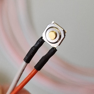 May include: Close-up of a small, round, gold-colored button switch with two wires attached. The wires are covered in black heat shrink tubing.