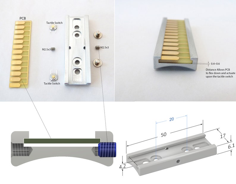 Peut inclure: Un support en m&eacute;tal argent&eacute; avec un circuit imprim&eacute; couleur or &agrave; l'int&eacute;rieur. Le support comporte deux trous de chaque c&ocirc;t&eacute; pour les vis de montage. Le circuit imprim&eacute; comporte une rang&eacute;e de 14 contacts couleur or. Le support mesure 12,7 cm de long, 4,3 cm de large et 1,5 cm de haut. Le circuit imprim&eacute; est &agrave; 1 &agrave; 1,5 cm du support, ce qui lui permet de se plier vers le bas et d'actionner un interrupteur tactile.