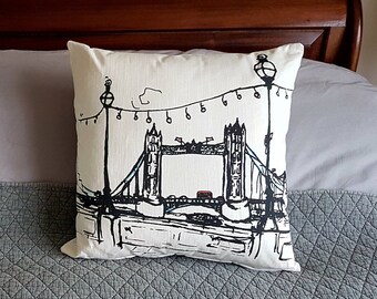 View from the north side of the River Thames of Tower Bridge, my sketch, available on a lovely quality cushion