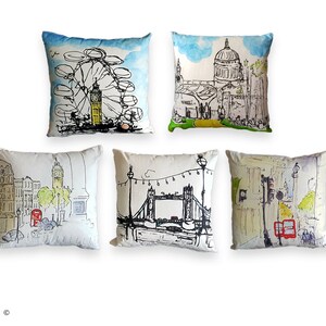 May include: Set of six decorative throw pillows featuring black and white illustrations of iconic London landmarks, including Big Ben, the London Eye, Tower Bridge, and St. Paul's Cathedral. The pillows are white with a light beige background.
