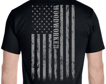 Wood Working, Woodworker, Carpenter, American Flag, Sawdust, Man Glitter, Craftsman, Handyman, Unisex Holiday Graphic Funny TShirt