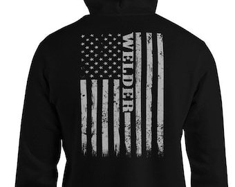 Welder American Flag Hoodie | Distressed USA Welder Patriotic Hooded Sweatshirt | Gift for Welders