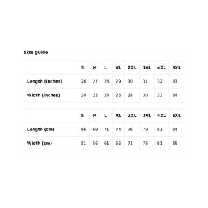 May include: Size guide chart for clothing with measurements in inches and centimeters. The chart shows the length and width of clothing in sizes S, M, L, XL, 2XL, 3XL, 4XL, and 5XL.