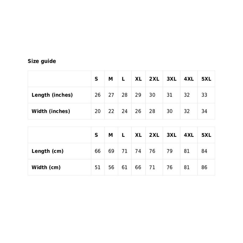 May include: Size guide chart for clothing with measurements in inches and centimeters. The chart shows the length and width of clothing in sizes S, M, L, XL, 2XL, 3XL, 4XL, and 5XL.