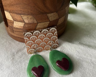Avocado Heart Earrings, Polymer Clay Earrings