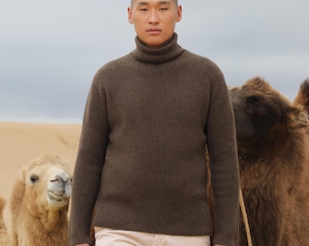 Natural 100% Yak Wool Mens High Neck Sweater Stylish Turtleneck