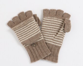 Striped Convertible Mittens Mongolian Pure Cashmere Flap Mittens 100% Cashmere Fingerless Gloves Winter Glove