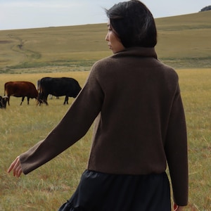 May include: A woman wearing a brown turtleneck sweater and a black tiered skirt stands in a field with cows in the background.