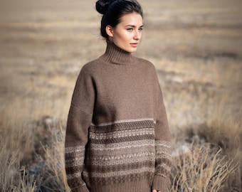 Yak Wool Turtleneck Sweater Fair Isle Knit Warm Breathable Sustainable Winter Pullover Women
