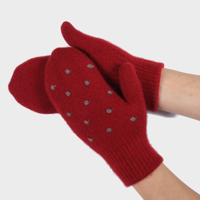 100% Mongolian Cashmere Gloves Mongolian Natural Wool Mittens with Dotted Pattern Winter Glove Red