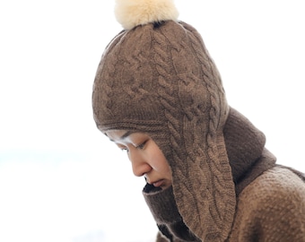 Brown Earflap Yak Down Hat Super Warm Wool Hat Winter Hat Pom pom Hat