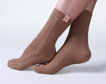 Camel Wool Donegal Cable Knit Socks Soft Warm Sustainable