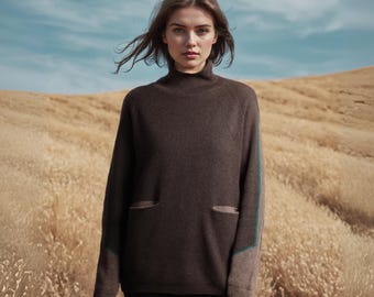 Mongolian Yak Wool Sweater Pockets Cozy High Neck Pullover Soft Insulating Unique Contrast Sleeves