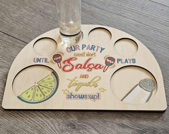 Wooden Tequila Shot Serving Tray: "Salsa & Tequila" Party Game Board
