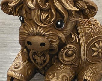 Intricate Mandala Highland Cow – Hand-Finished Burnished Bronze Style
