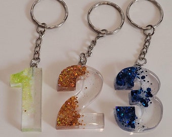 Personalised Resin Keyring, Number 0 to 9 Any Colour. Perfect gift for school friends