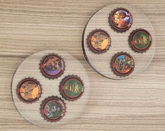 Iron Maiden trooper themed coaster- 4 bottle top set in a raisin coaster . Collectible bottle tops - gift for him-rock horror