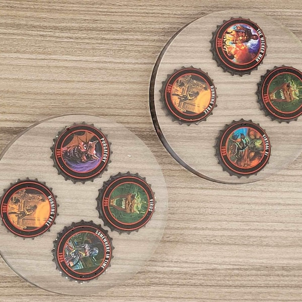 Iron Maiden trooper themed coaster- 4 bottle top set in a raisin coaster . Collectible bottle tops - gift for him-rock horror