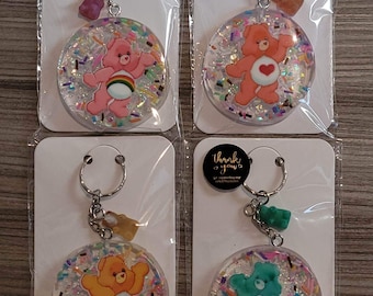 Resin Care bear inspired, Resin Keyring - lovely gift for 80s girl - back to the 80s  - bear fan gifts