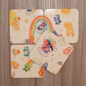 Care Bears inspired 4 coaster pack 80s toys Design- heat resistant sublimation print on a cork base Kids Drinks mats -back in time cartoon