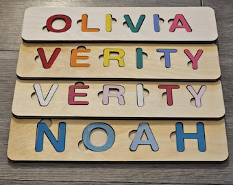 Handgemachtes Namenspuzzle aus Holz.  26,5 cm in der Länge und 6,5 cm in der Höhe.   1. Geburtstage - Babyparty - bunte Buchstaben - Taufgeschenk