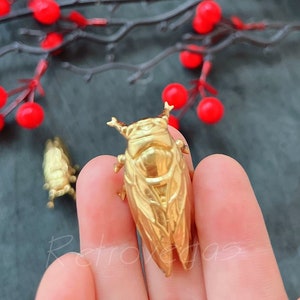 Op de afbeelding: Twee gouden cicaden broche, een groter dan de andere, met ingewikkelde details en een realistisch ontwerp. De broches worden in een hand tegen een donkere achtergrond gehouden.