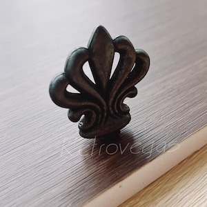 Peut inclure: Un bouton décoratif en métal noir avec un motif de fleur de lys.