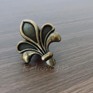 May include: Antique brass fleur-de-lis cabinet knob. The decorative hardware features a detailed, three-dimensional design with a vintage finish. The knob is a classic accent for drawers and cabinets, adding a touch of elegance.