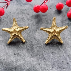 Pode incluir: Um par de brincos de estrela do mar dourados. Os brincos são simples e elegantes, e seriam um ótimo presente para qualquer ocasião.