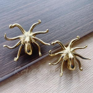 May include: Two gold octopus-shaped drawer pulls. The octopus has eight tentacles and a detailed, textured body.