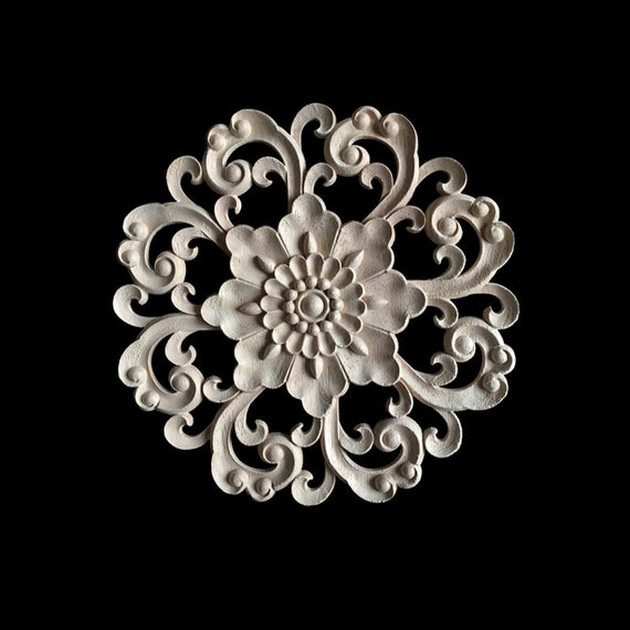 1 Piece Round Rosette Applique Shabby Chic Wood Embellishments Ornate Furniture Apliques Wood Onlay Furniture Trim Supplies WA017