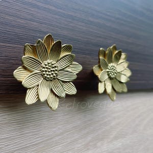 Könnte beinhalten: Zwei goldfarbene, sonnenblumenförmige Schrankknöpfe. Die Knöpfe haben detaillierte Blütenblatt- und Mittelteil-Designs. Die Knöpfe sind auf einer dunklen Holzoberfläche montiert. Die Knöpfe sind wahrscheinlich für Möbel oder Dekorationszwecke.