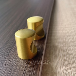May include: Two gold-colored cabinet knobs with a curved design. The knobs are cylindrical with a rounded top and a cutout on the side. They are set against a backdrop of dark and light wood grain.