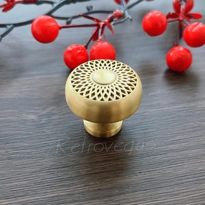 May include: A brass cabinet knob with a decorative, openwork design on top. The knob is cylindrical with a small base and is set against a dark wood surface. Red berries and branches are in the background.