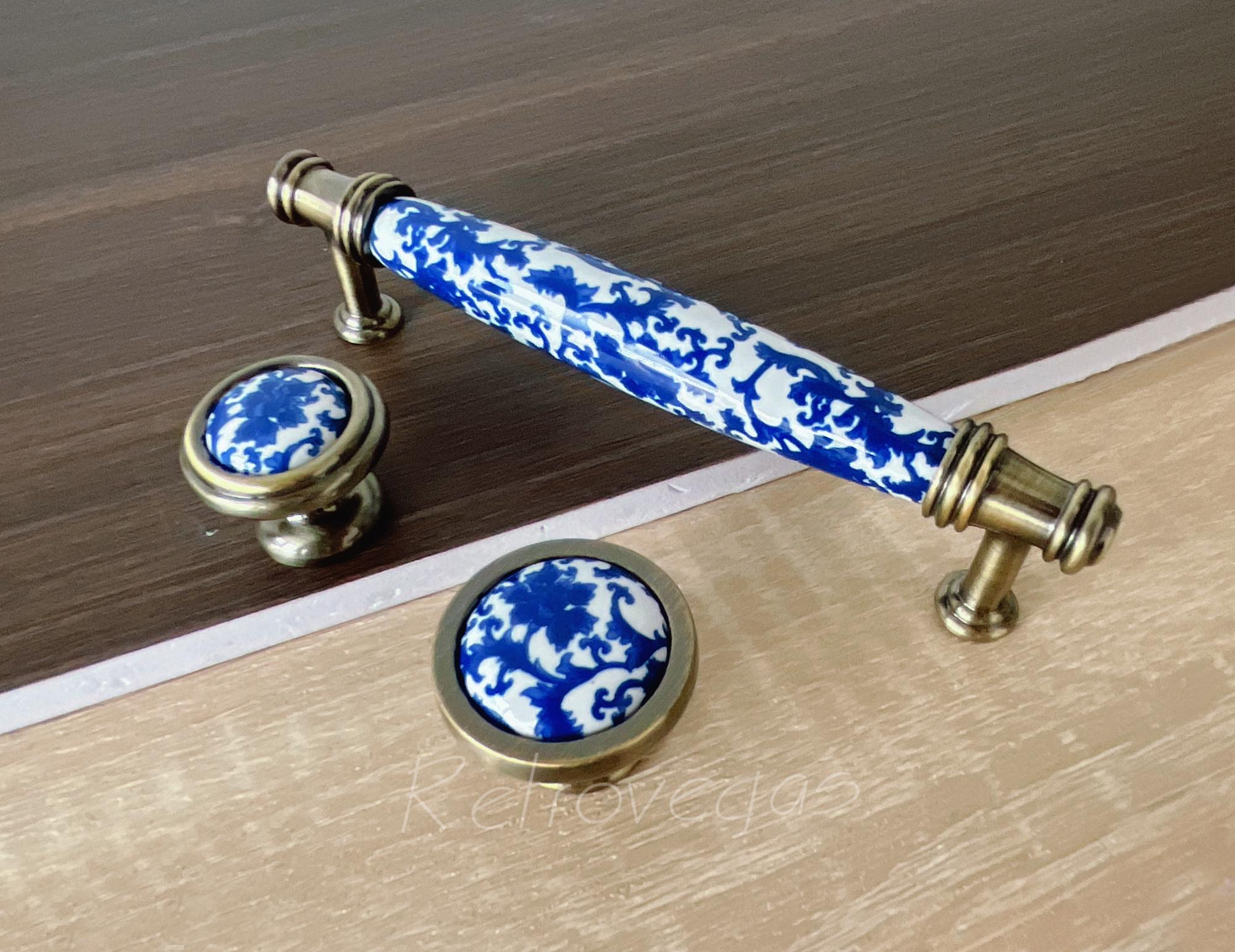 blue dresser handles Classical blue wave Ceramic Cabinet handle Vintage Dresser Knobs   QubicHomeware