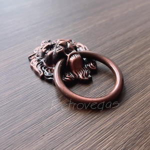 May include: A bronze lion head door knocker with a ring handle. The lion's face is detailed with a textured mane and facial features. The word "retrovegas" is printed on the surface.